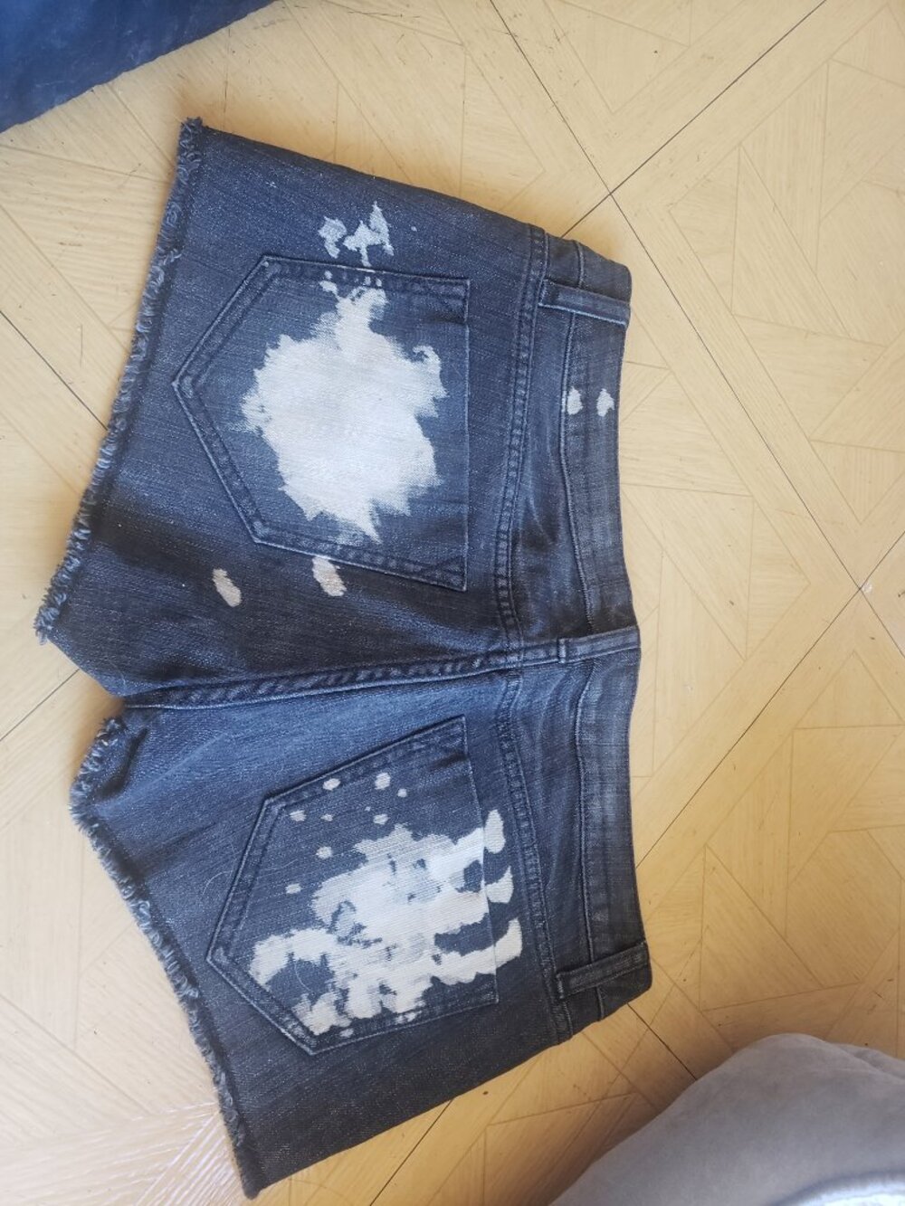 London Jean Shorts Black Denim with Bleach Spots Size 8
